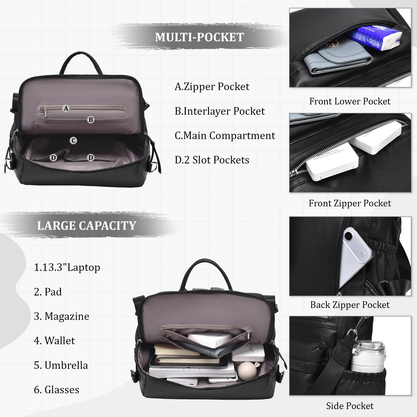 Dora & Liz Womens Backpack Purse Leather Backpack Purse for Women Travel Fashion Backpack Designer Ladies Shoulder Bags (Black Leather)