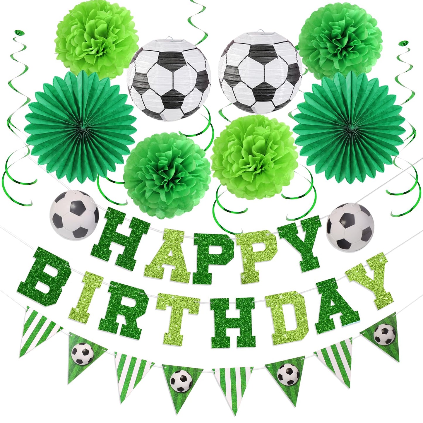 OBBOLO Soccer Birthday Party Decorations, Pre-Strung Soccer Birthday Banners, Including 2 Soccer Ball Paper Lanterns, Green Paper Fans and Pompoms for Boys Birthdays, Sports Party Decorations