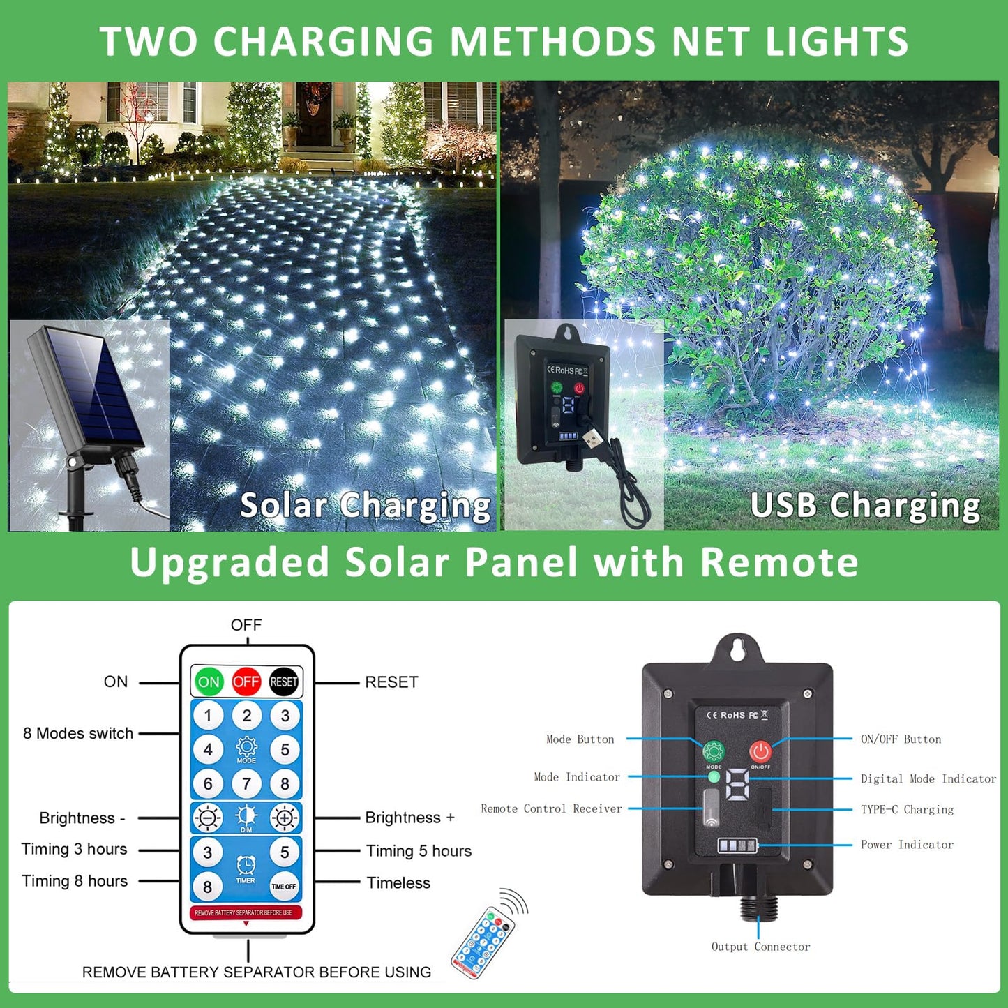 21ft x 5ft Solar Net Lights Outdoor, Solar & USB 2 Power Way 360 LED Waterproof Mesh Lights for Bushes, Remote Control 8 Modes String Light Trees Patio Garden Christmas Indoor Decor (Cool White)
