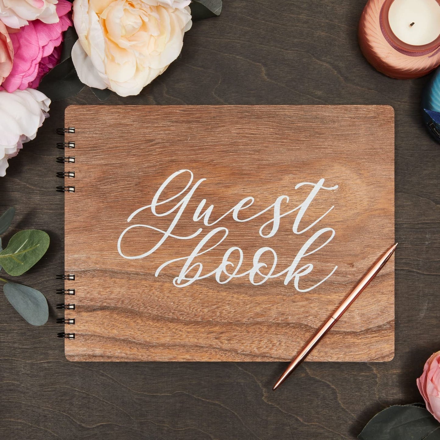 Paper Junkie Rustic Wooden Guest Book for Party - 112 Pages, 11.25 x 8.75 in Brown Wood Cover - Wedding & Baby Shower Guest Book Sign in
