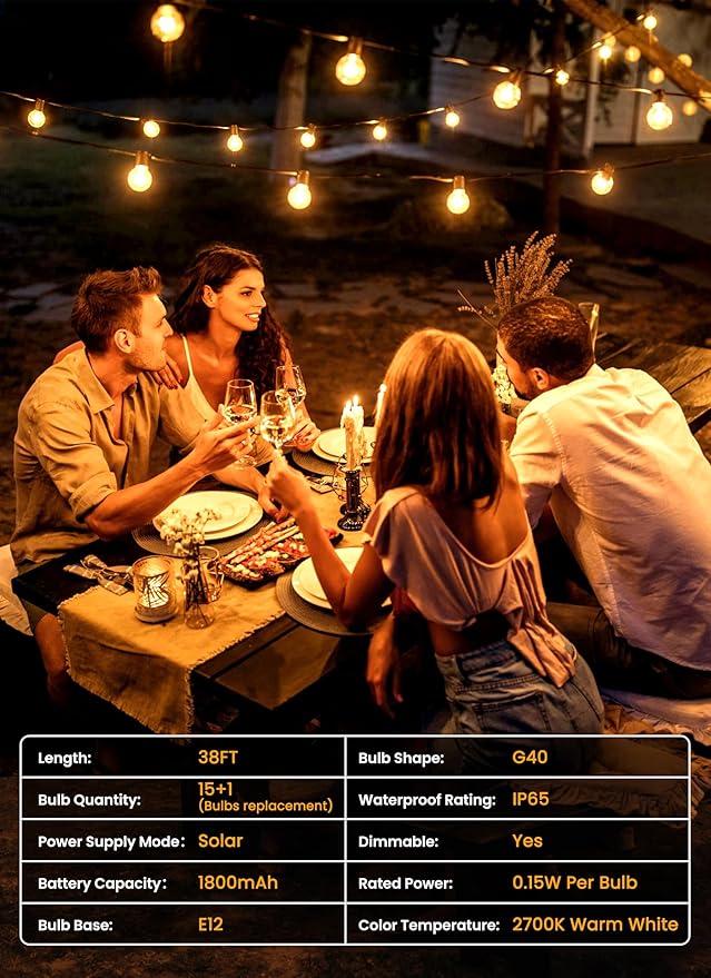 Brightown 38FT Solar String Lights Outdoor with Remote and 16 LED Shatterproof Bulbs, Dimmable & Timable, 3 Light Modes, Solar Patio String Lights Outdoor for Cafe, Garden, Deck, Outside Wedding
