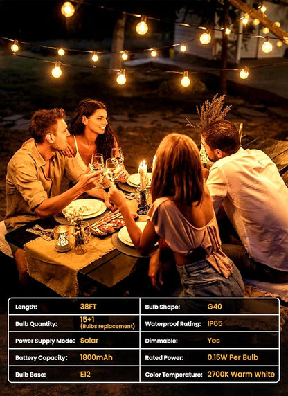 Brightown 38FT Solar String Lights Outdoor with Remote and 16 LED Shatterproof Bulbs, Dimmable & Timable, 3 Light Modes, Solar Patio String Lights Outdoor for Cafe, Garden, Deck, Outside Wedding