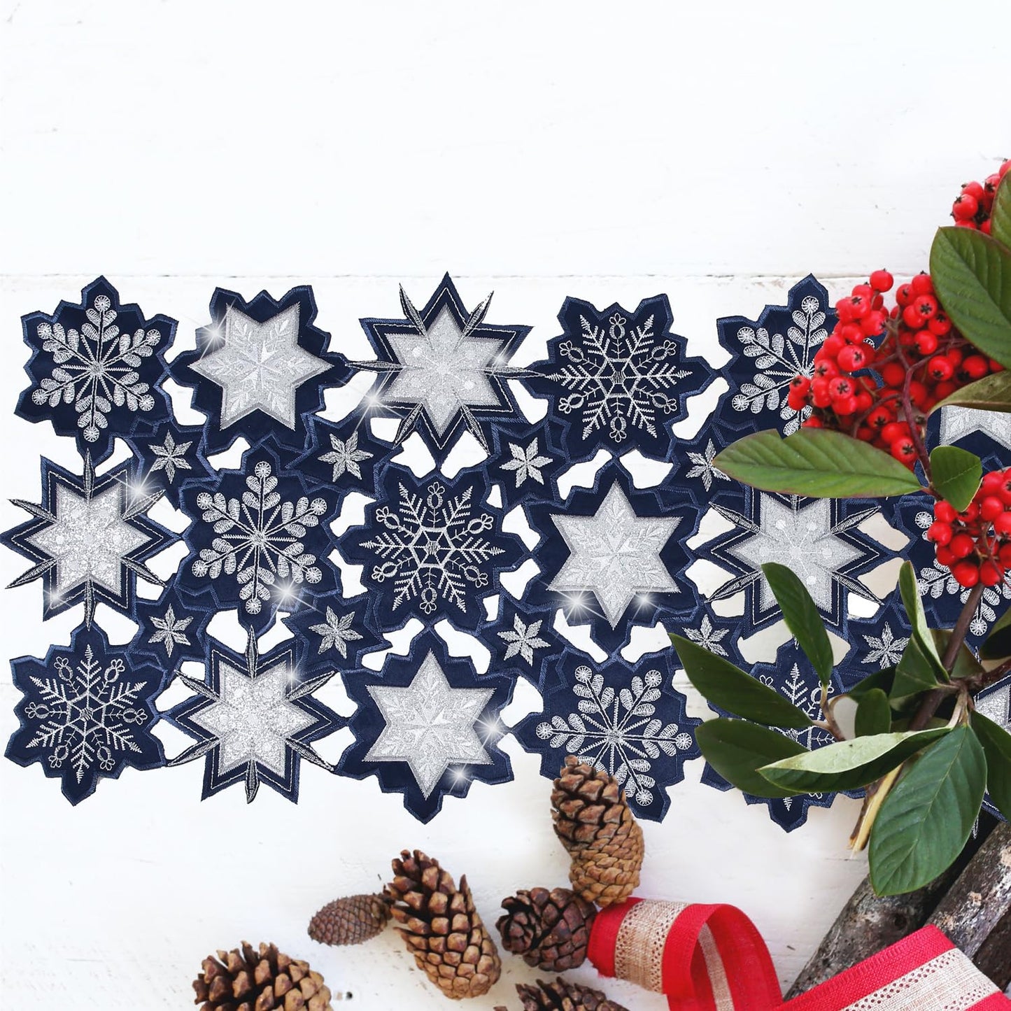 Christmas Table Runner Snowflake Navy Blue Table Decorations Navy Blue Embroided 54 inches Long Sparkle Sequin Silver Glitter Shiny Cutwork Holiday Festive Dining Decor New Year