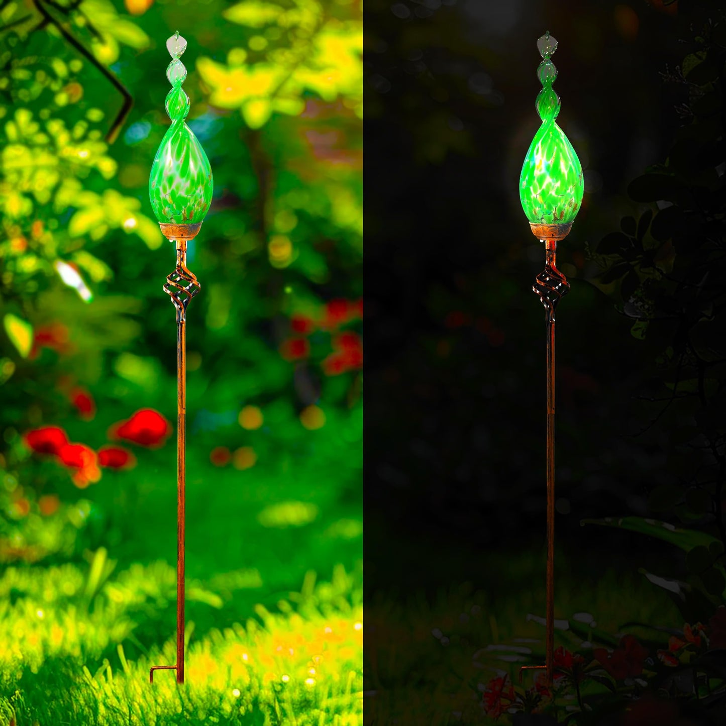 Garden Solar Lights, Green Flame Solar Lights Outdoor - Hand Blown Glass Decorative Garden Pathway Lights Outdoor Waterproof Flame Glass Stakes
