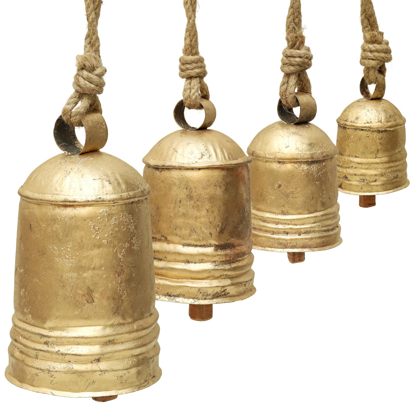Set of 4 Rustic Metal Christmas Bells Large Hanging Brass-Gold Cowbells with Jute Rope | Farmhouse Wall, Porch & Holiday Decor