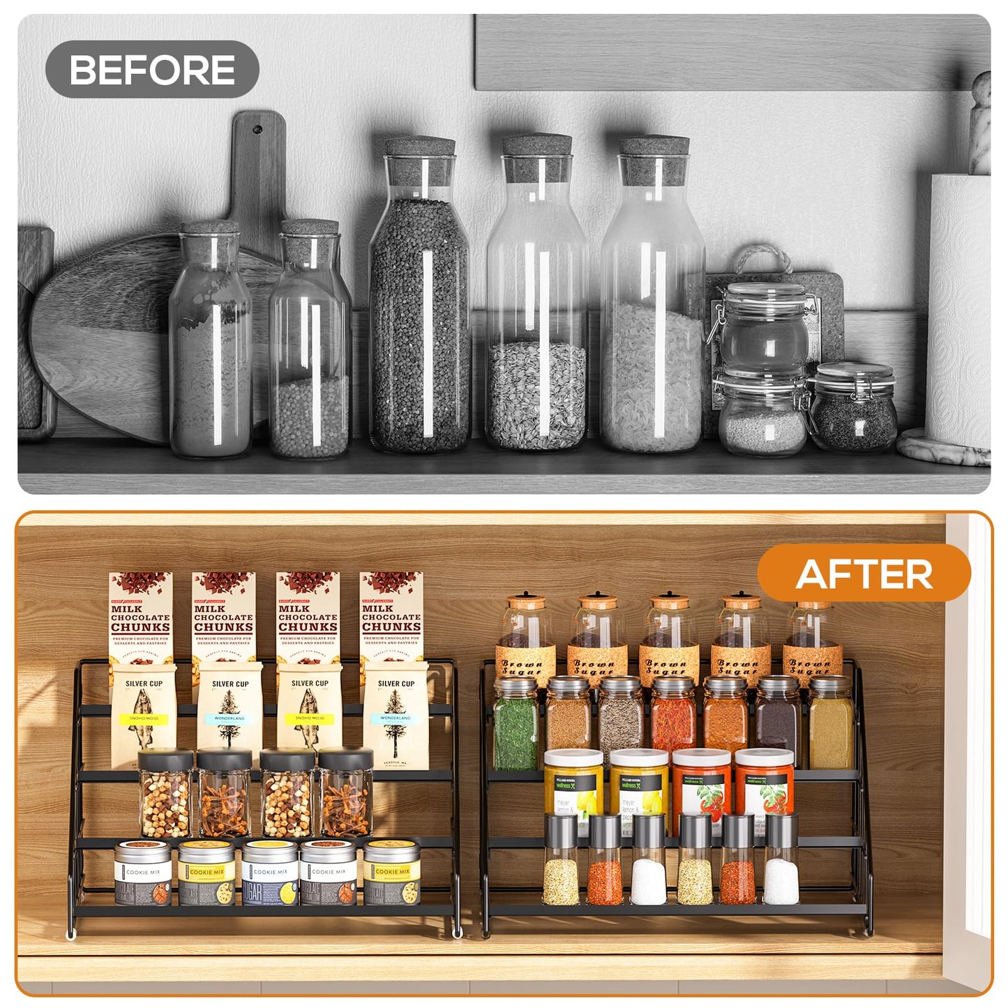 Spice Rack Organizer for Cabinet, 4 Tiered Spice Rack Organizer, Tiered Adjustable Spice Shelf for Kitchen Countertop Pantry Organization (Bright Black)