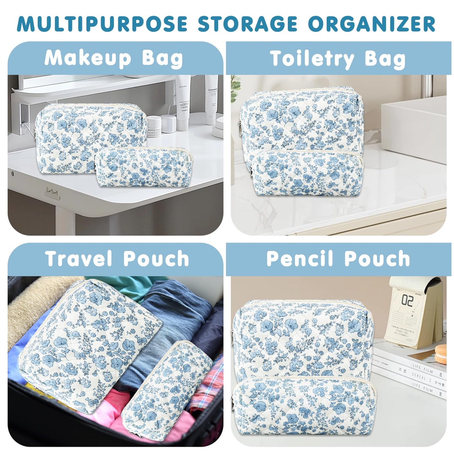 URSKYTOUS 2Pcs Floral Makeup Bag for Women Cotton Quilted Small Coquette Cosmetic Bag Cute Zipper Blue Flower Makeup Pouch Aesthetic Portable Pencil Case Travel Toiletry Bag Trendy Cloth Skincare Bag