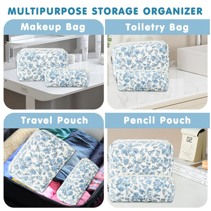 URSKYTOUS 2Pcs Floral Makeup Bag for Women Cotton Quilted Small Coquette Cosmetic Bag Cute Zipper Blue Flower Makeup Pouch Aesthetic Portable Pencil Case Travel Toiletry Bag Trendy Cloth Skincare Bag
