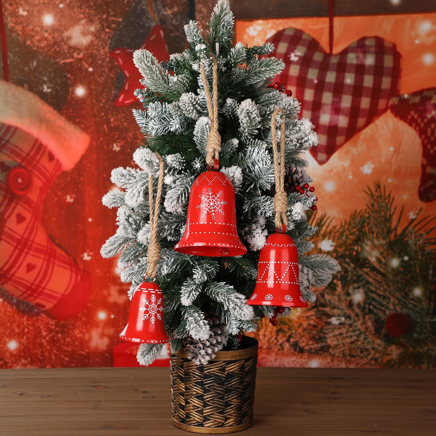 Halloscume 3 Set Snowflake Cow Bells Gift Winter Decor, Large Red Metal Bell Ornaments Decorations, Rustic Winter Outside Home Wind Chime for Christmas Tree Holiday Xmas Party Decoration