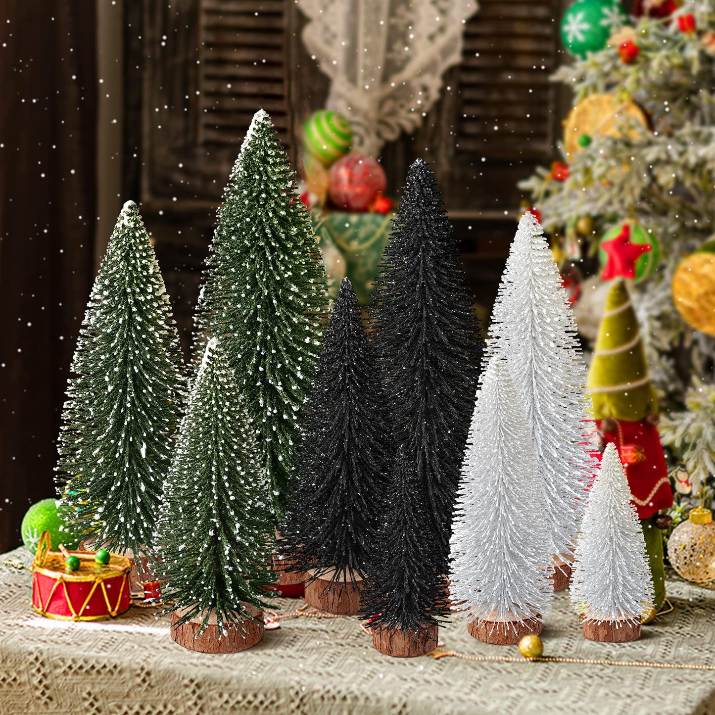 9Pcs Mini Christmas Trees Christmas Decor Artificial Christmas Decorations with 4 Sizes, Christmas Tree Bottle Brush Trees Christmas Table Decorations (Green Silver Black)