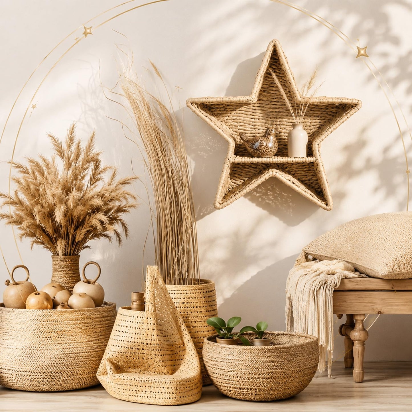 Domensi Handwoven Wall Shelf Decor Wicker Nursery Hanging Organizer Basket Shelves Natural Rattan Storage Basket for Small Books Bookshelf Bathroom Living Room Bedroom Corner(Star Shape)