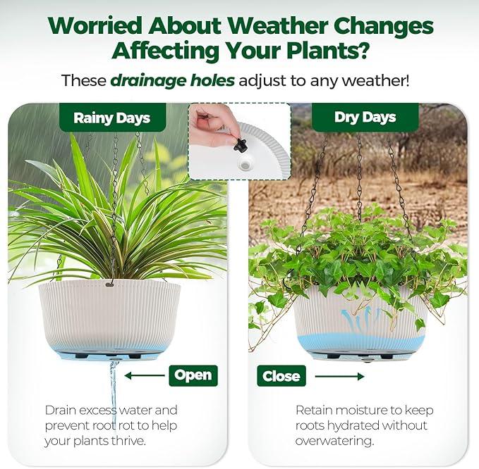 T4U 10 Inch Hanging Planters for Indoor Outdoor Plants, 2 Pack White Self Watering Hanging Plant Pot, Hanging Pots Set with Drainage Hole & Plug & Chain with 3 Hooks for Garden Home Decor