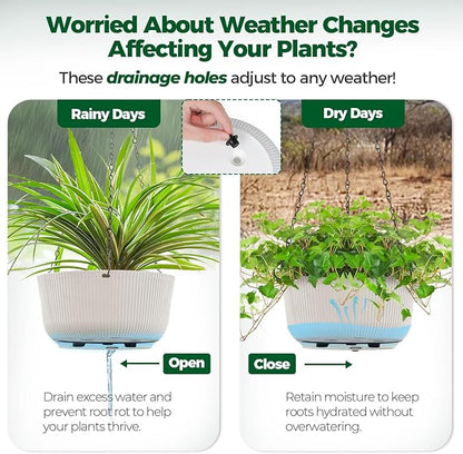 T4U Hanging Planter Self Watering 8 Inch, 2 Pack White Indoor Outdoor Hanging Plant pots, Hanging Flower Pot with Drainage Hole & Plug & Chain with 3 Hooks for Garden Home Decor