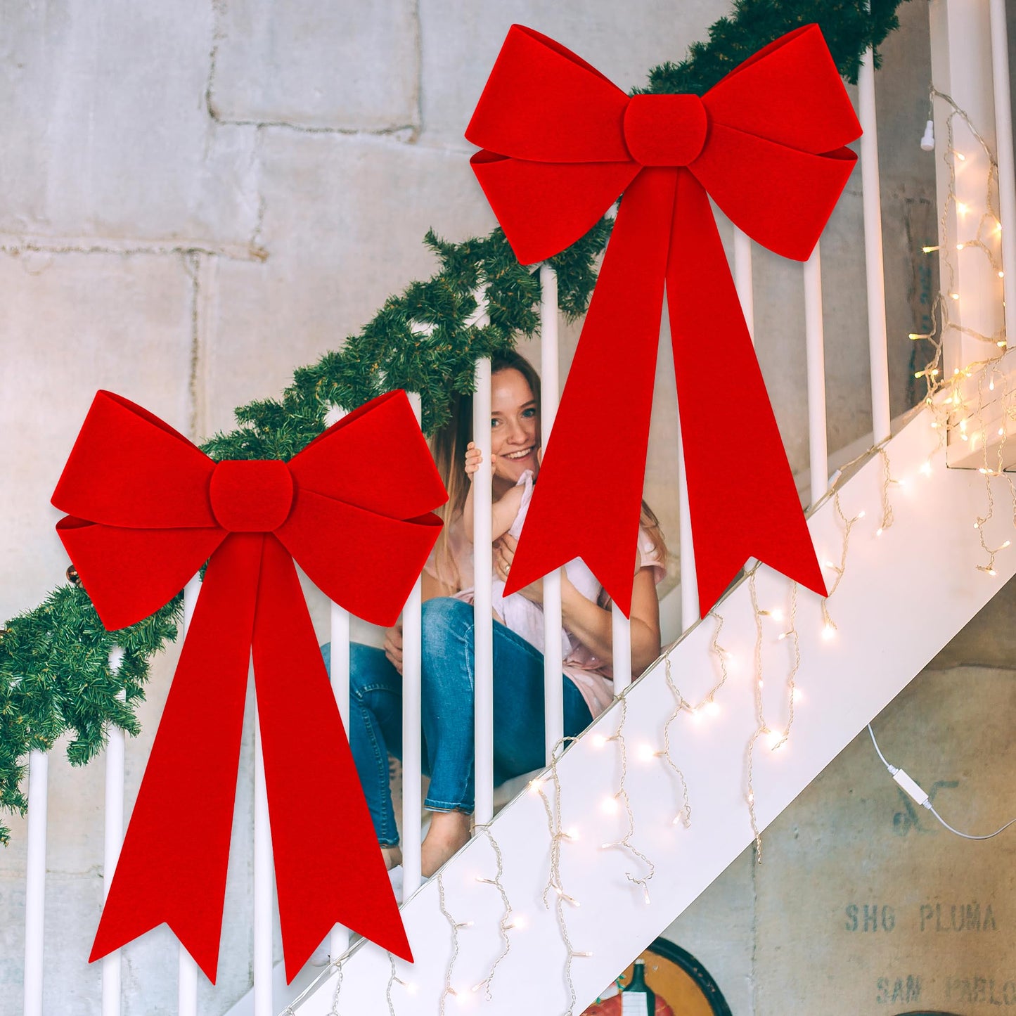 1 PCS Christmas Decorations, 16x24 In Large Christmas Bows, Red PVC Velvet Bows for Christmas Tree, Indoor Outdoor Holiday Xmas Decor Home Wreath Fence Stairs Railing Fireplace Front Door Supplies