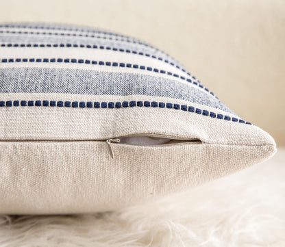 Cethom Decorative Boho Throw Pillow Covers, Farmhouse Textured Pillow Case, 20 x 20 Inch Set of 2, Chair Sofa Bedroom Living Room Decor Couch Cushion Case, Navy Blue and Beige Striped