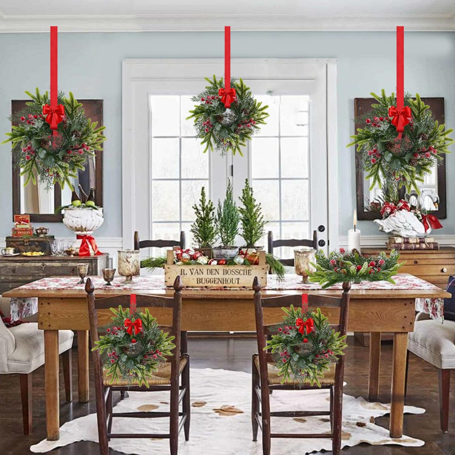 Tupetcs 9.8inch Christmas Wreath, 4Pcs Small Christmas Wreath Decorations for Home Front Door Porch Table Centerpieces Candle Rings Wall Window Cabinets Farmhouse Decorations