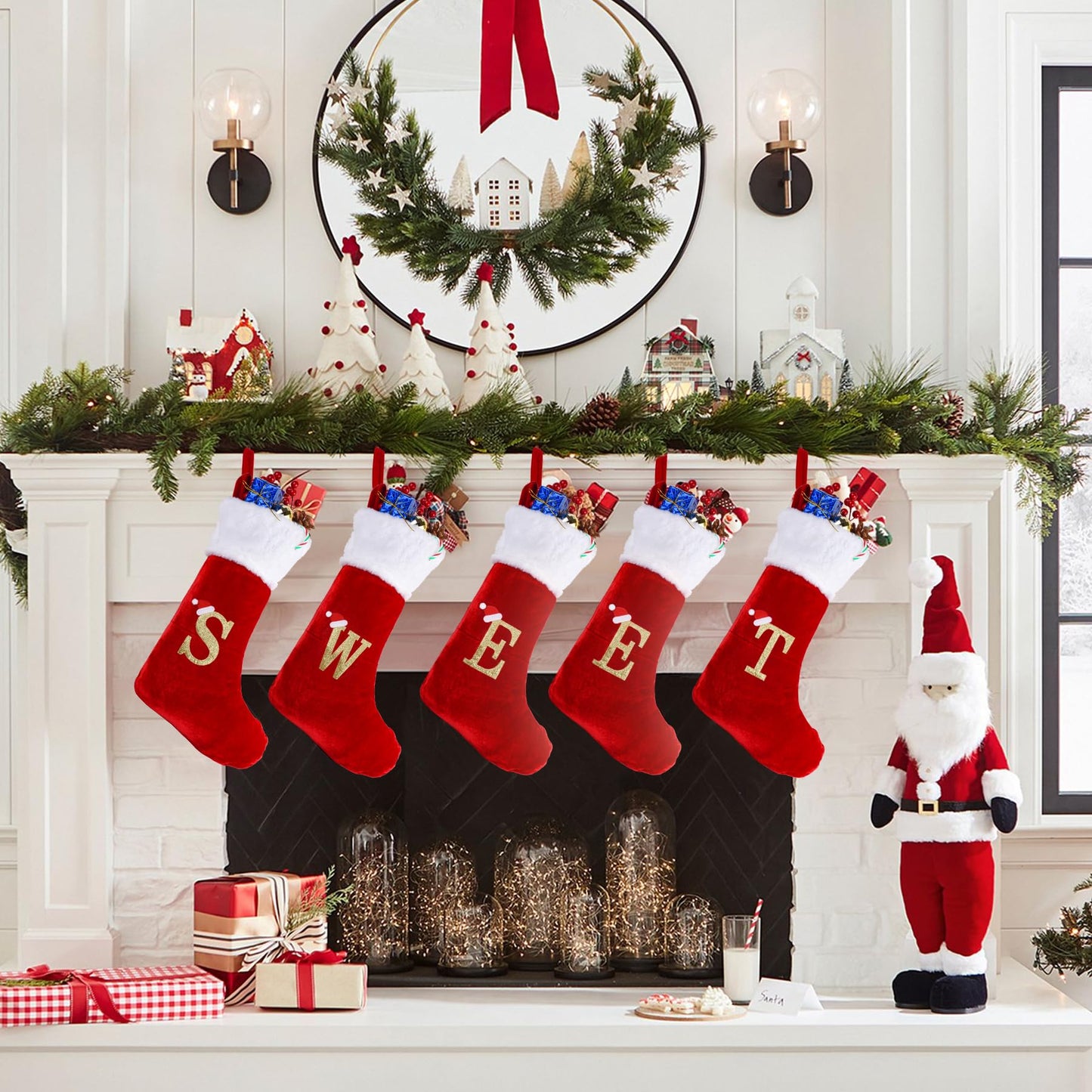 Sailup 20 Inches Monogram Christmas Stockings with Letters, Large Super Soft Christmas Stockings Red Velvet with White Super Soft Plush Cuff for Christmas Xmas Tree Holiday Fireplace (B)