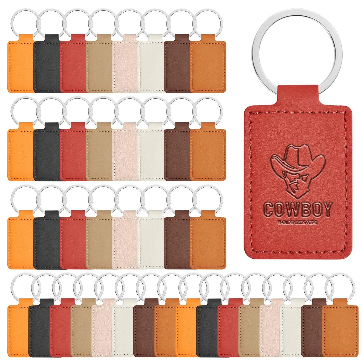 Aemygo 40 Pcs Leather Key Fob Kit, PU Leather Keychain Blanks with Key Rings, Rectangular PU Blanks Engraving Keychain Bulk for DIY Crafts, Laser Stamping