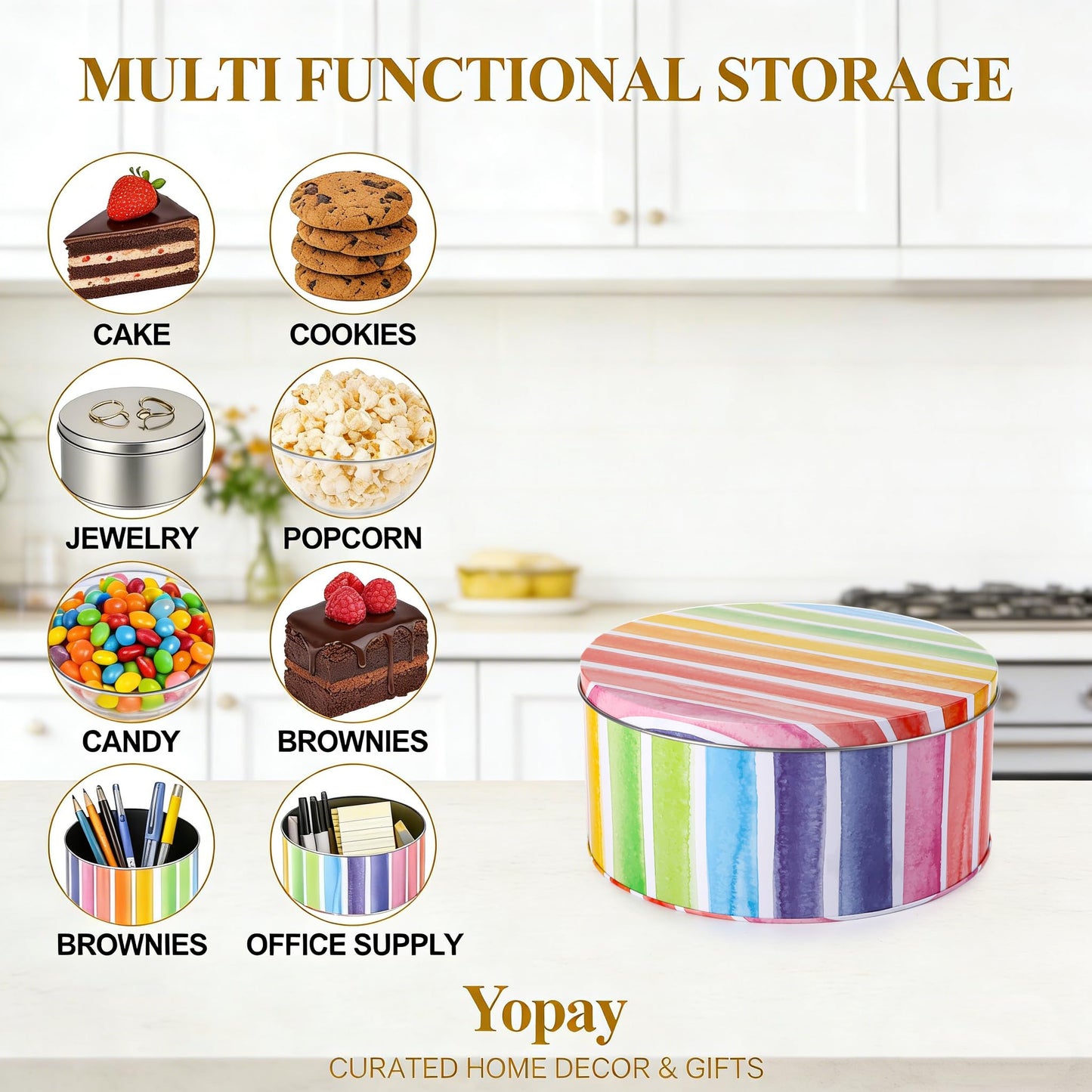 Yopay 3 Pack Cookie Tins, Round Baking Cake Gift Tins for Storing Patisseries, Puff Pastries Craft Supplies, Easter, Special Occasion and Holidays, Rainbow Pattern, 7" W X 3.2" H, Metal