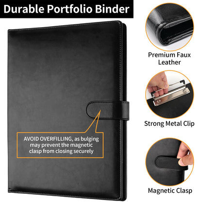 Professional Padfolio with Clipboard, Faux Leather Portfolio Folder Binder, Legal Pad Holder for A4 Letter Size Notepad, Resume, Writing Pad, Ideal Organizer for Business Office Conference, Black