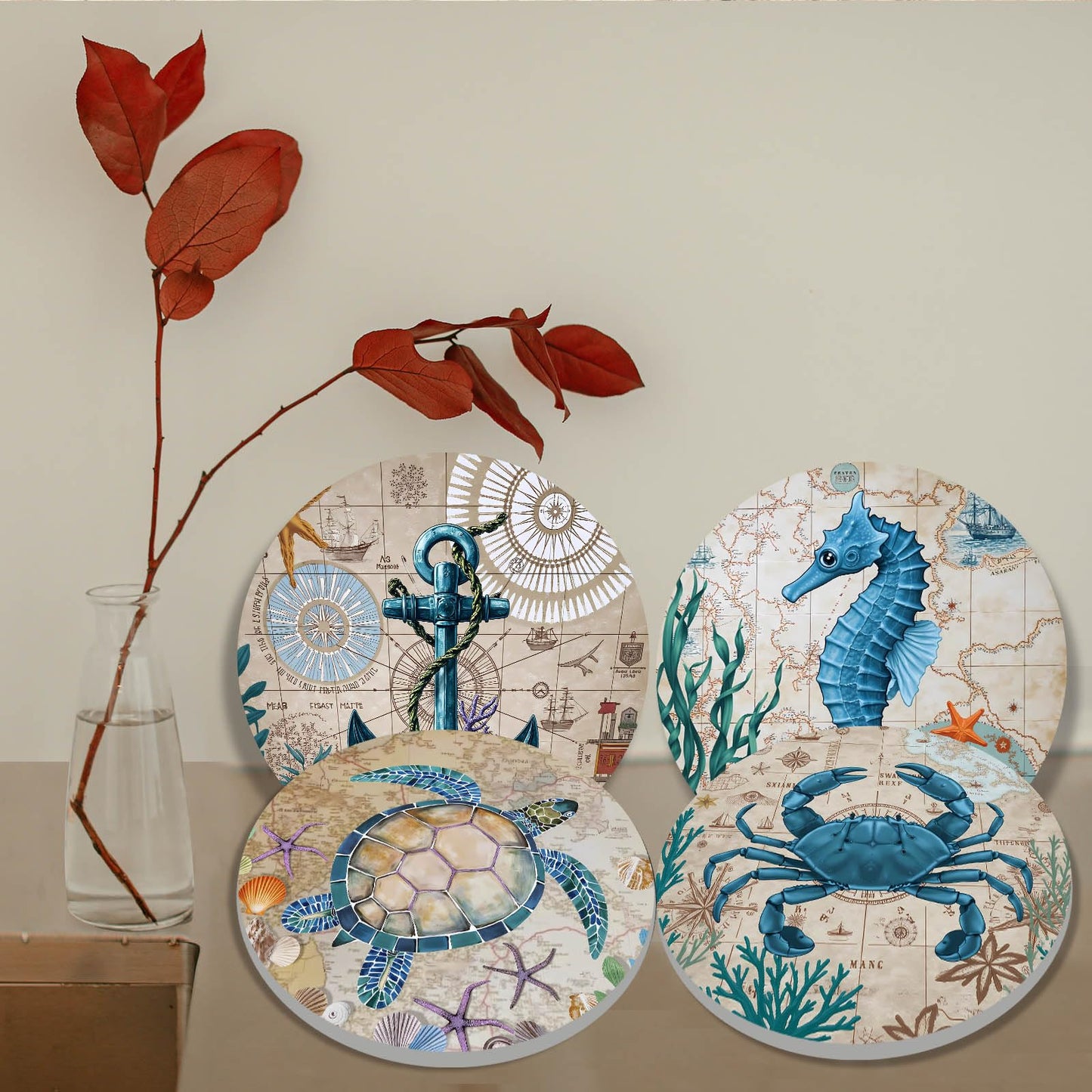 Tucocoo Anchor Electric Stove Burner Covers, Set of 4 Round Seahorse Ocean Animals Stove Burner Covers, 8Inch 10Inch,Crab Gas Stove Burner Covers,Metal Stove Burner Cover,Funny Cooktop Kitchen Decor