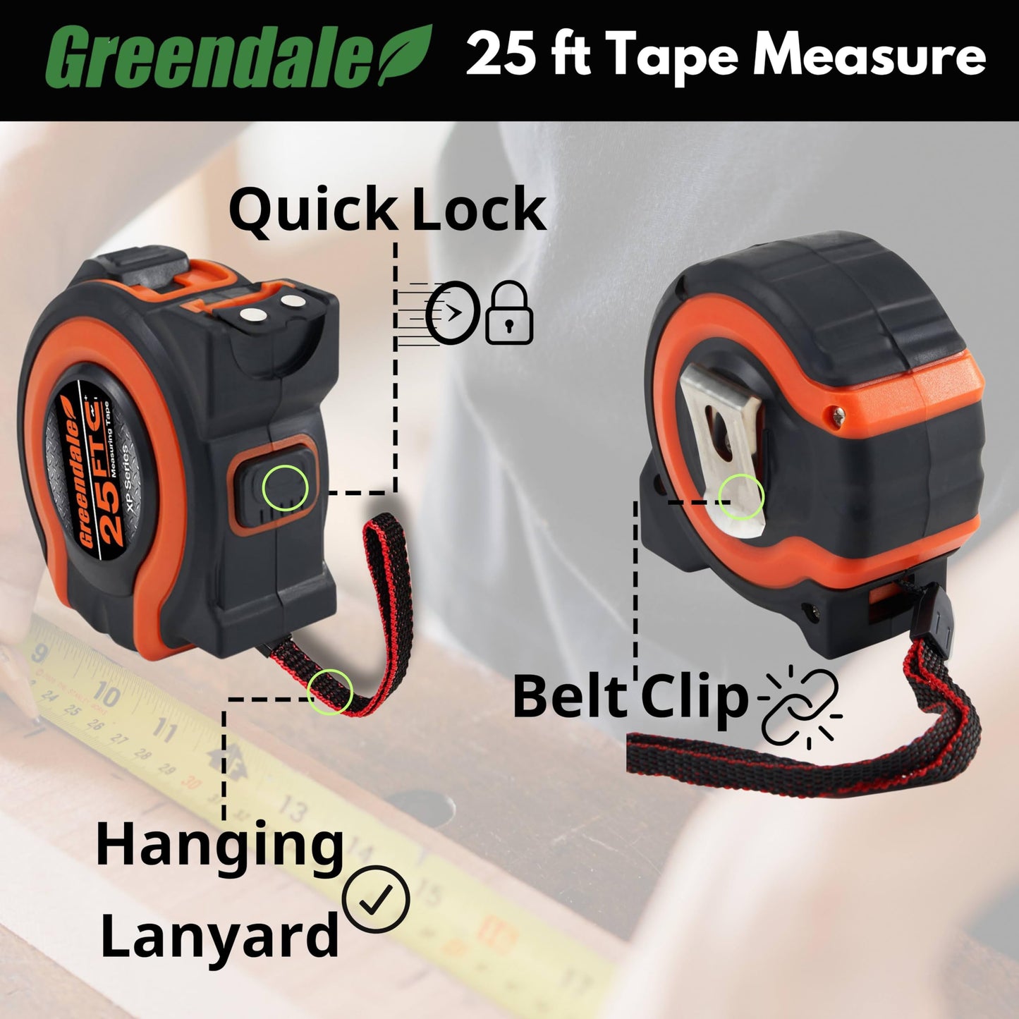 Greendale – 3 Pack Tape Measures 25 ft – Easy-Read Fractions, Magnetic Tip, Quick-Lock & Auto-Retract – Heavy-Duty Measuring Tape with Belt Clip – Red/Orange