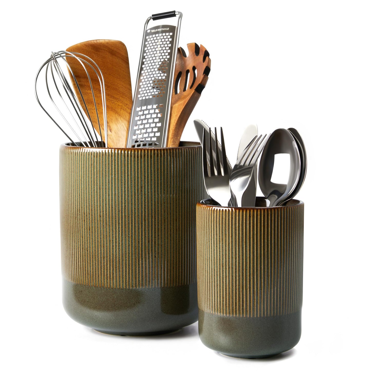 Pokini Utensil Holder, 7.3"+5.3" Ceramic Kitchen Utensil Holder for Countertop, Large Cooking Utensil Organizer, Modern Utensil Crocks Spatula Holder for Farmhouse Kitchen Counter Decor, Brown Green