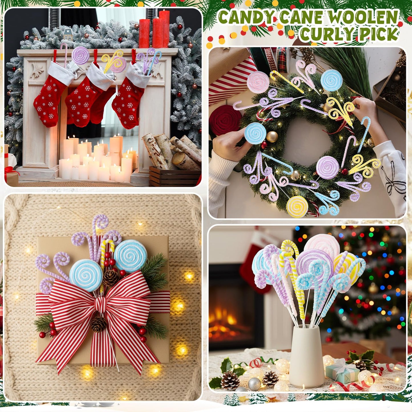 Solsew 12 Pcs Christmas Tree Decorations Picks, 14 Inch Pastel Christmas Curly Candy Cane Pick Macaron Woolen Xmas Tree Topper Ornaments for Holiday Party Decor