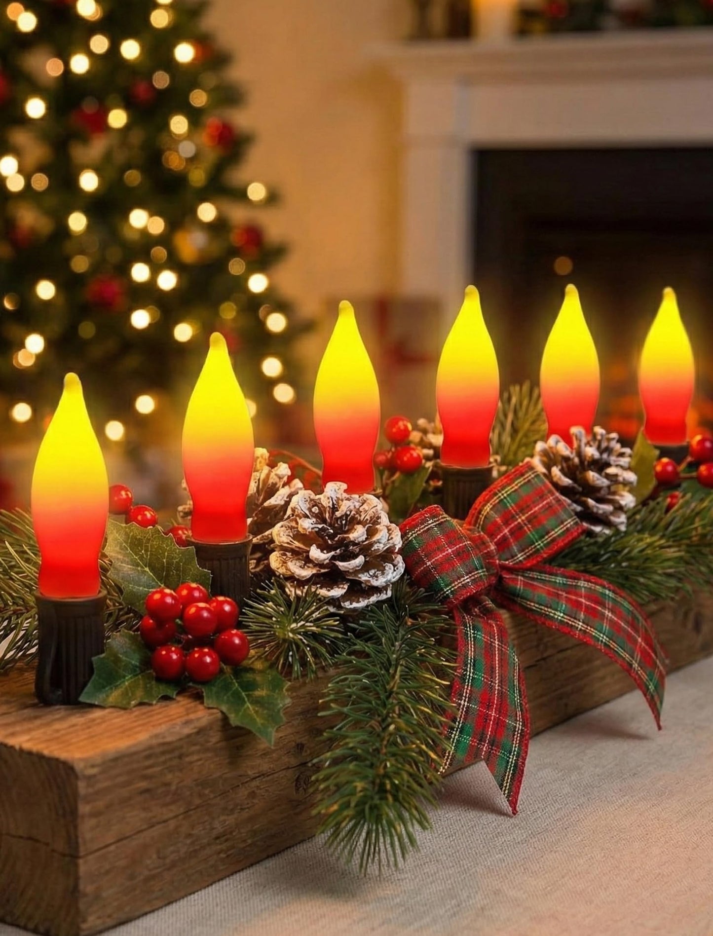 12 Pack C18 Red and Yellow Christmas Flame Candle Lights Bulb, E12 Candelabra Base Flame Shaped Incandescent Replacement Bulbs for Christmas Window Candles, Chandelier, Outdoor String Lights Decor