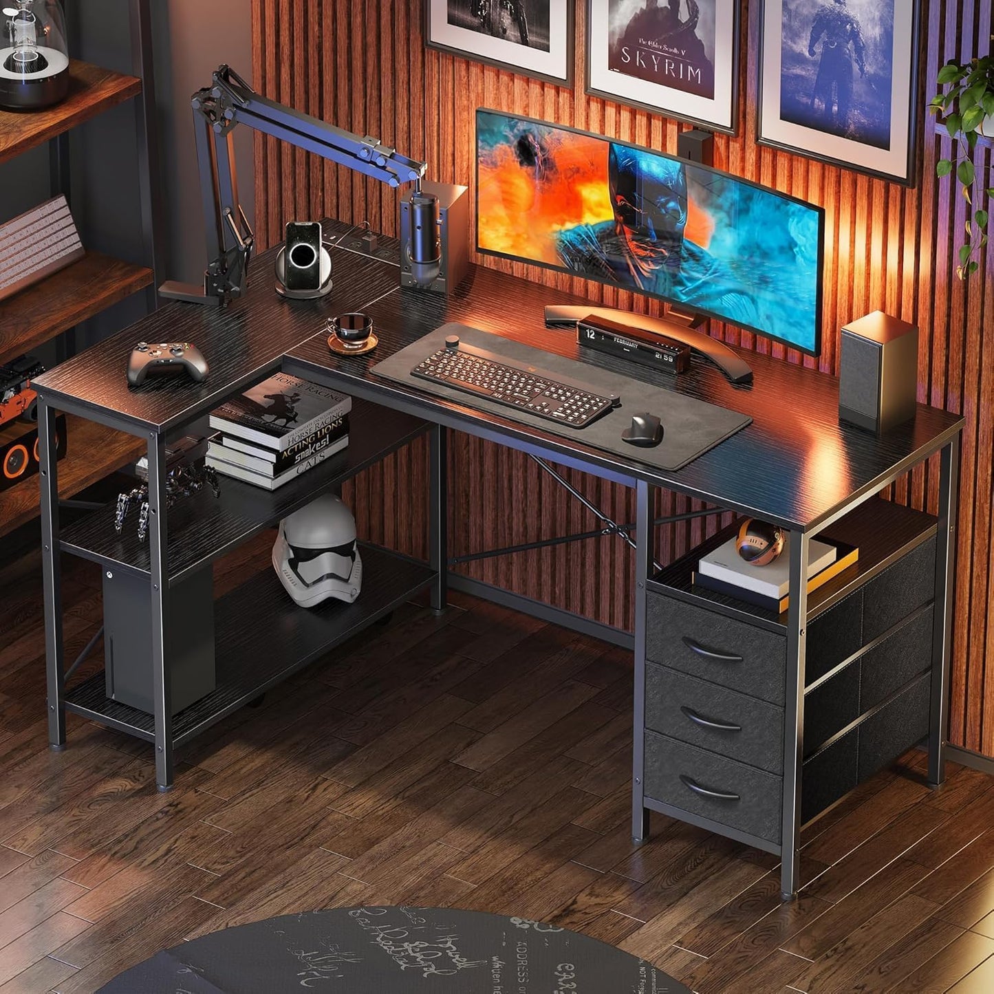 Alpen Computer Desk with Drawers, L Shaped Desk for Bedroom with Power Outlets, Gaming Table with 3 Drawers and Shelves, Corner Desk for Gaming, Study Writing PC Table, 47 Inch, Black