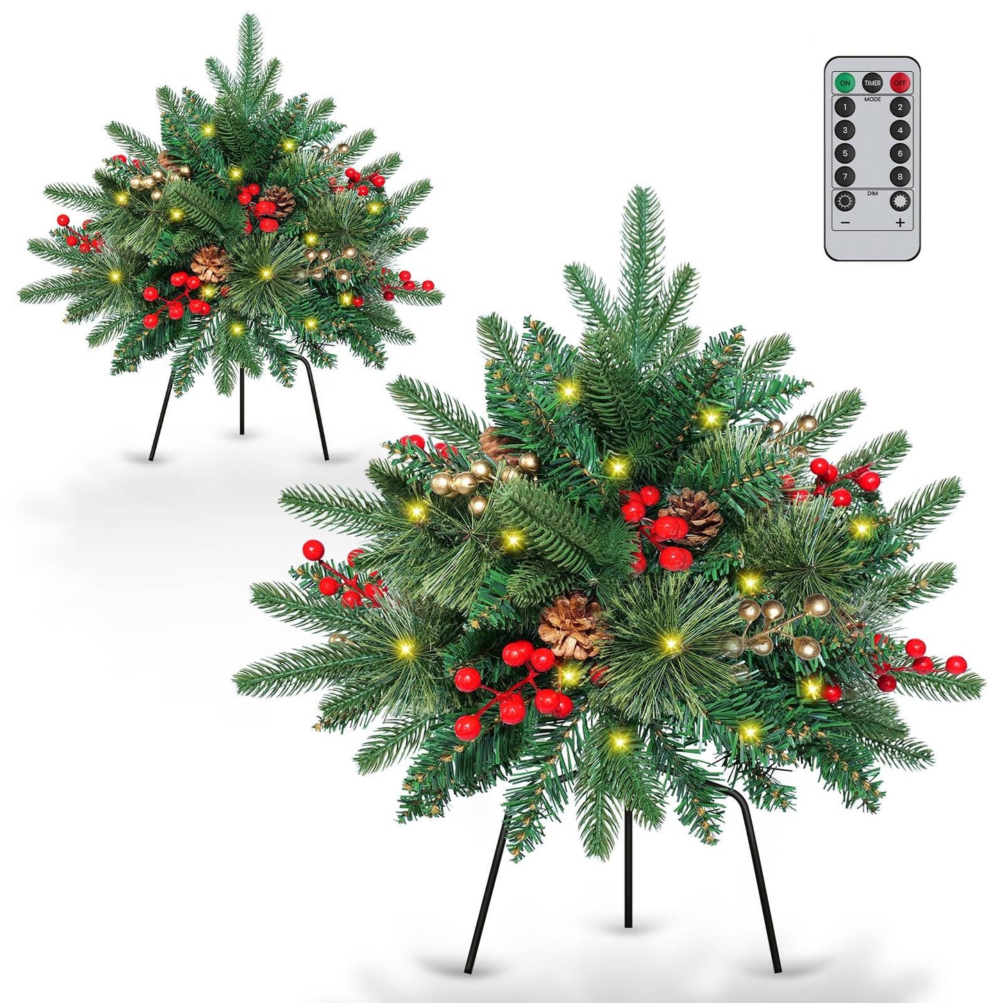 24 Inch Christmas Tree Urn Filler Set of 2, Lighted Xmas Trees with Pine Cones Berries, Christmas Outdoor Decorations for Home Porch Yard