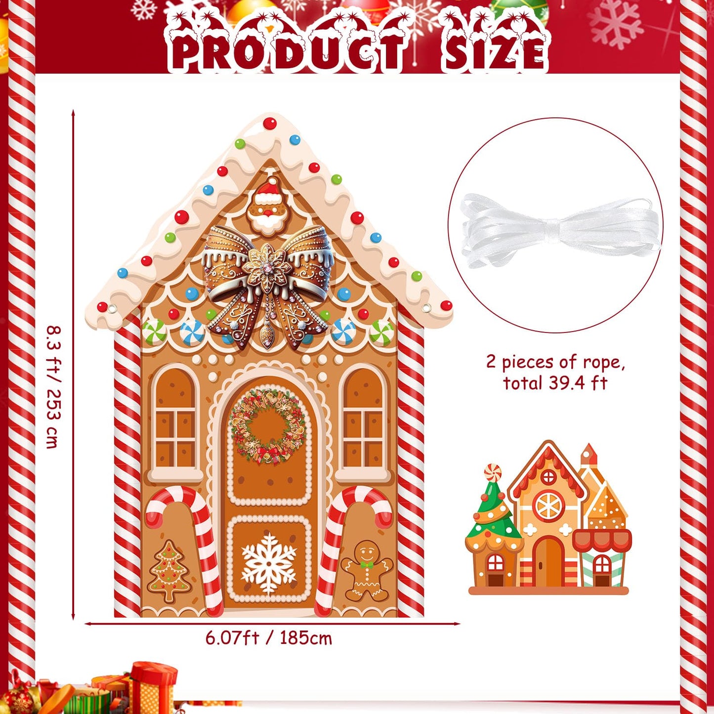 Panelee Large Christmas Gingerbread House Decorations, Gingerbread House Backdrop Photo Prop, 8 x 6 ft Fabric Xmas Candy Backdrop Decor for Holiday Party Decor