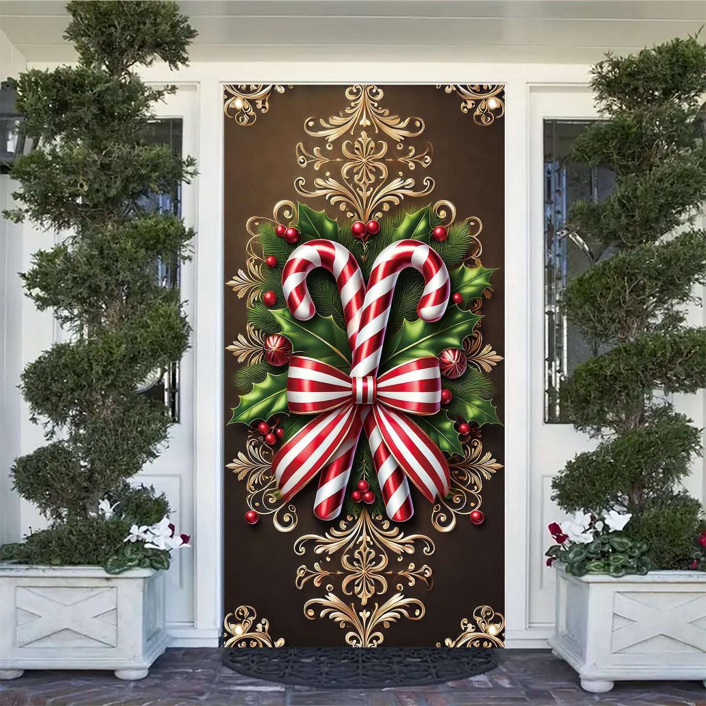Saoplasa Christmas Door Cover Candy Cane Bow Banner 71 x 35 Inch Holiday Peppermint Stripe Wall Hanging with Holly Leaves Ornaments for Winter Wonderland Xmas Front Door Decor Photo Backdrop