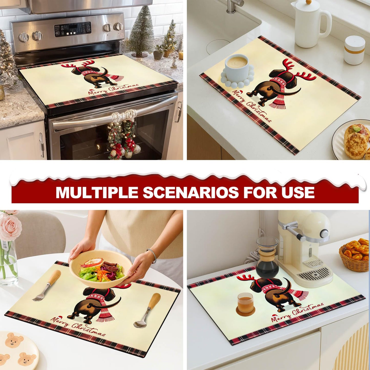 HOMETITUTE Stove Top Covers for Electric Glass Stove 28x20 Inch Christmas Dog Reindeer Design Heat Resistant Cooktop Protector Counter Cover Dish Drying Mat for Kitchen RV Camper