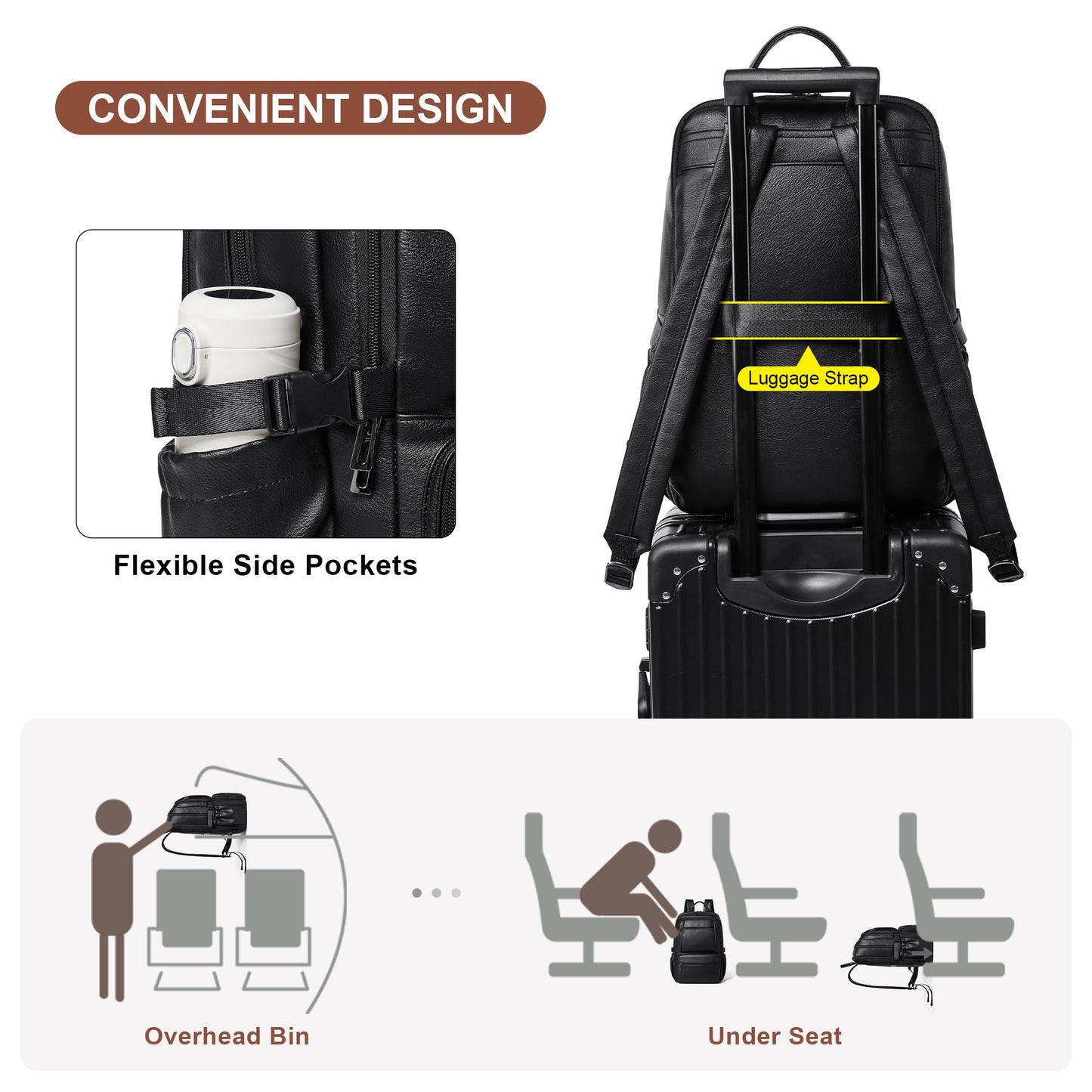 Shrrie Leather Backpack Purse Fit 17 Inch Laptop for Work Travel Business College Women Mens Leather Computer Tote Backpack Purse Black 35L Roomy Office Water-Resistant Back Pack Bag