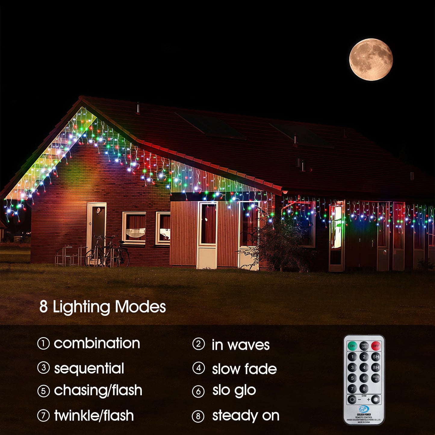 WBao Christmas Lights Outdoor, 432 LED 33FT Icicle Lights with 81 Drops, Remote Control, 3 Timer Settings, 8 Modes, Waterproof, Connectable Fairy Lights for Holiday Party Eaves Decor, Red Green White