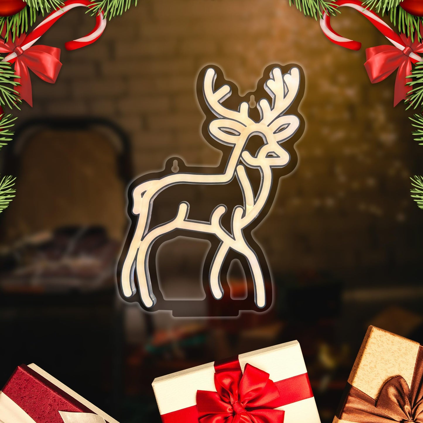Christmas Reindeer Neon Sign,Adjustable Brightness Elk LED Neon Light Sign for Wall Decor,Deer Neon Signs USB Powered for Bedroom Xmas Eve Pub Club New Year Decor(Yellow)