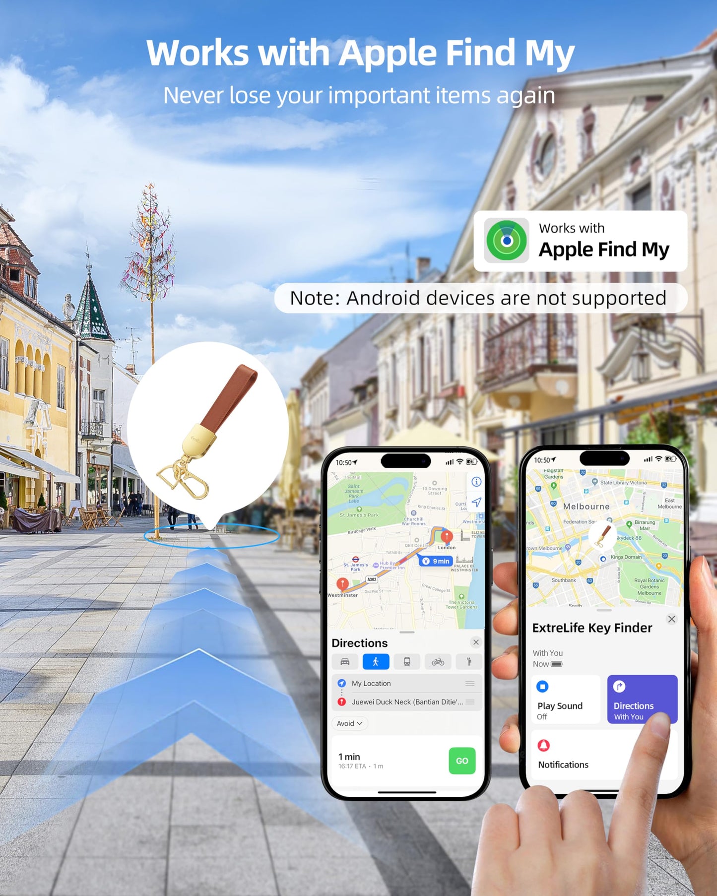 Keychain, Works with Apple Find My, Leather Car Keychain for Women and Men, Car Key Fob Holder, Key Chain with GPS Tracker, Anti-Lost Smart Keys Finder, Rechargeable, Brown