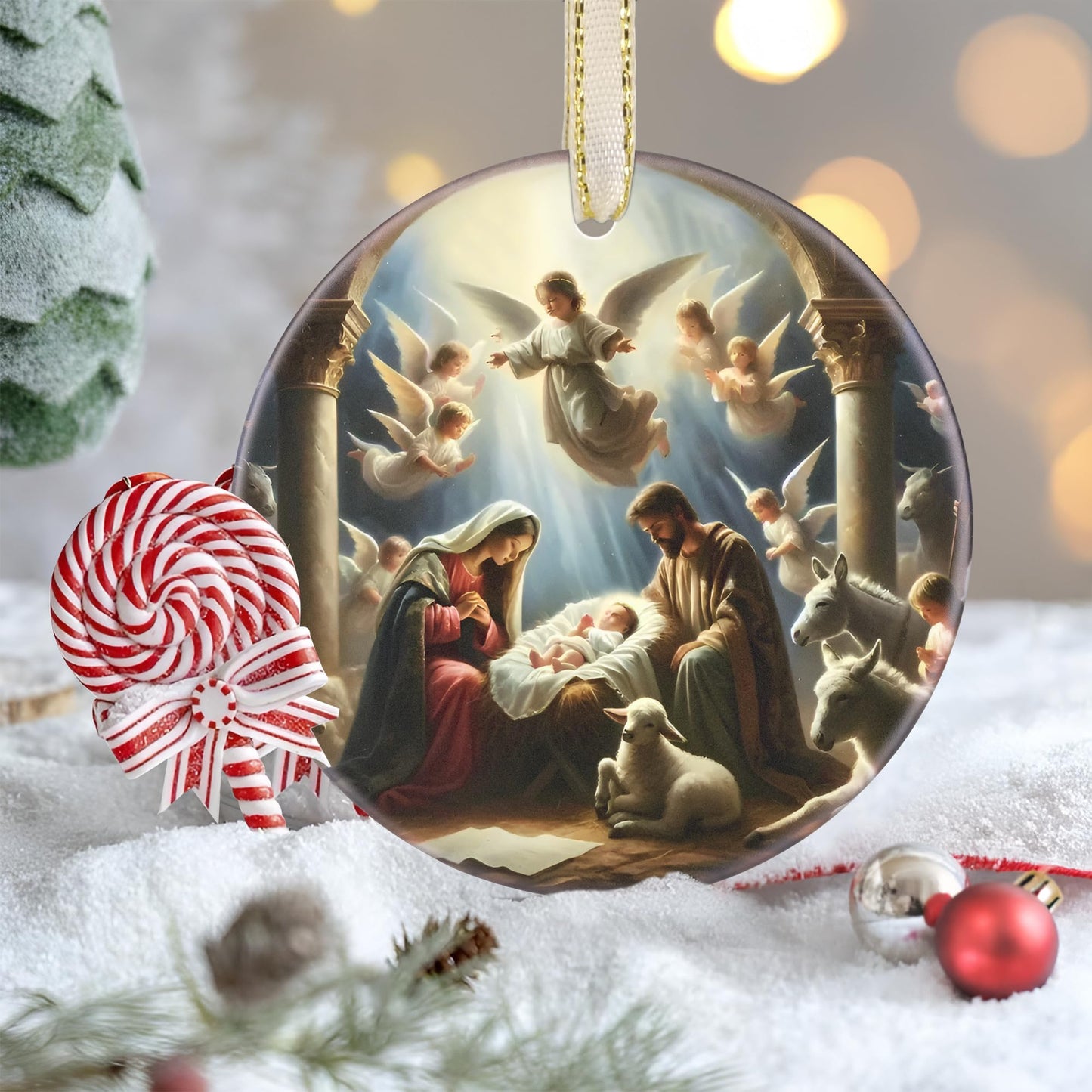 Nativity Christmas Decorations, 3.5 Inch Ceramic Religious Christmas Ornament, Christmas Tree Ornaments, Christian Gifts for Kids, Religious Gifts for Women, Xmas Gifts for Mom, Merry