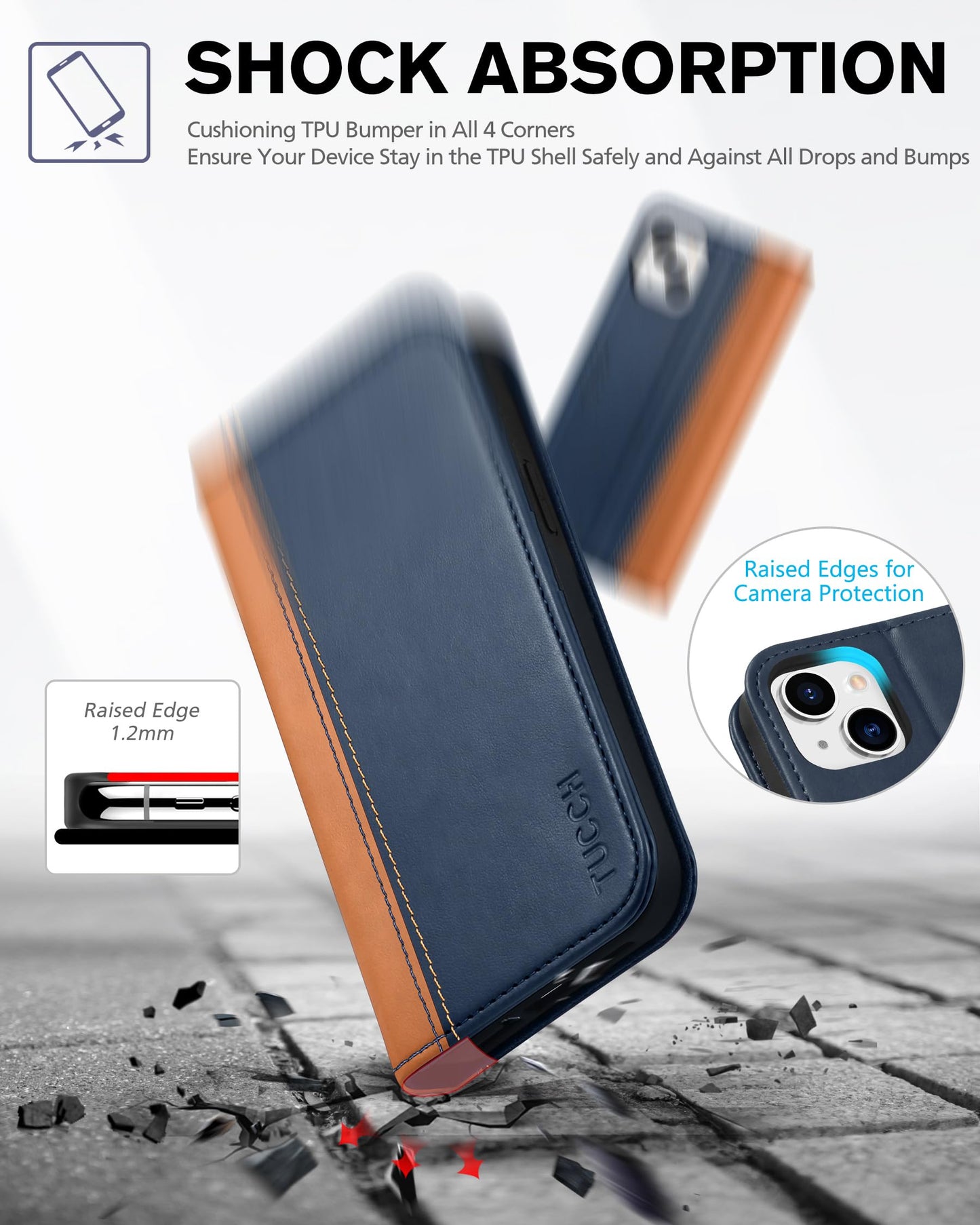 TUCCH Case for iPhone 13 Wallet Case 5G, [Card Holder] Slots Folio PU Leather Cover, Kickstand Flip Case with [TPU Shockproof Interior Case] Compatible with iPhone 13 6.1-inch 2021, Brown & Dark Blue