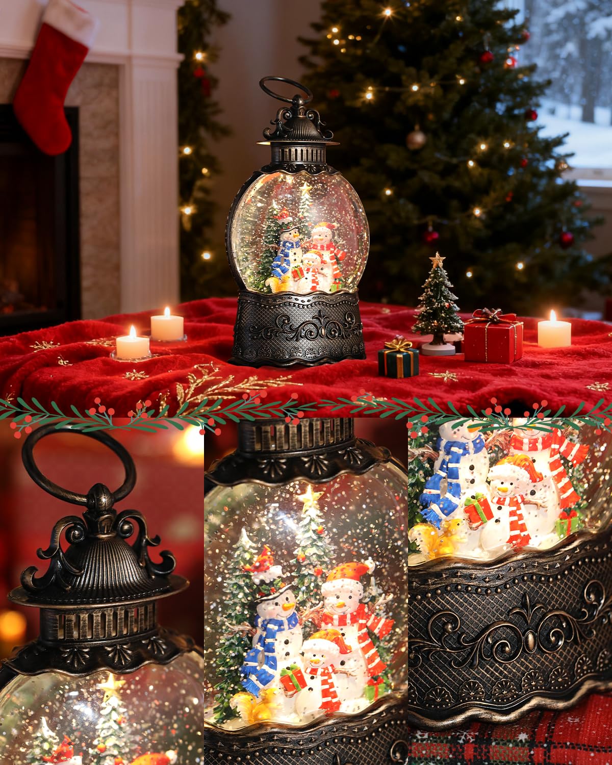 Christmas Snow Globe Lantern with Frosty Snowman Cardinals for Christmas Decorations, with Music and Lighting Features，USB or Battery Operated
