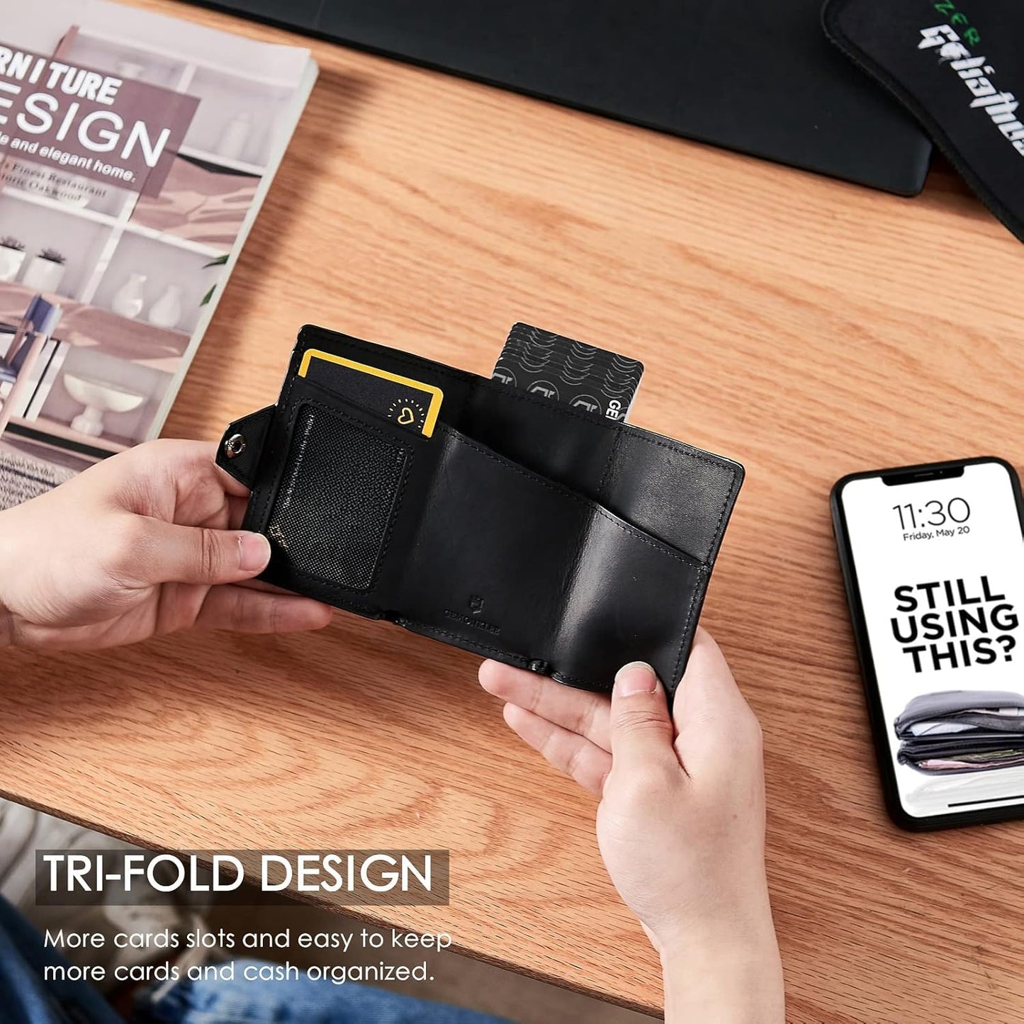 Plinvo Men's Slim Genuine Leather Wallet, RFID Protected with Airtag Holder and Minimalist Design (Black)