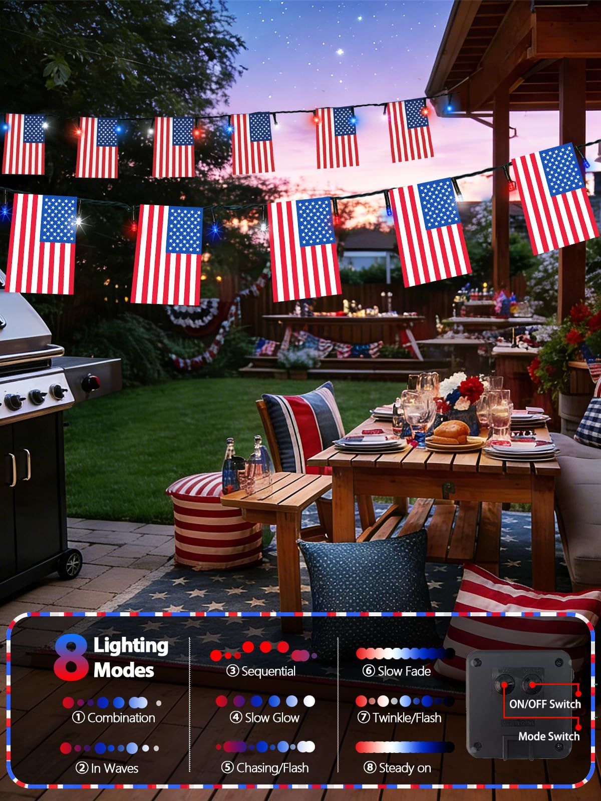2 Pack 4th of July Decorations, Solar American Flag Lights Outdoor with 8 Modes, 37.6FT 50 USA Flags & 100 Red White and Blue LEDs Patriotic Lights Waterproof for Independence Day 250th Anniversary
