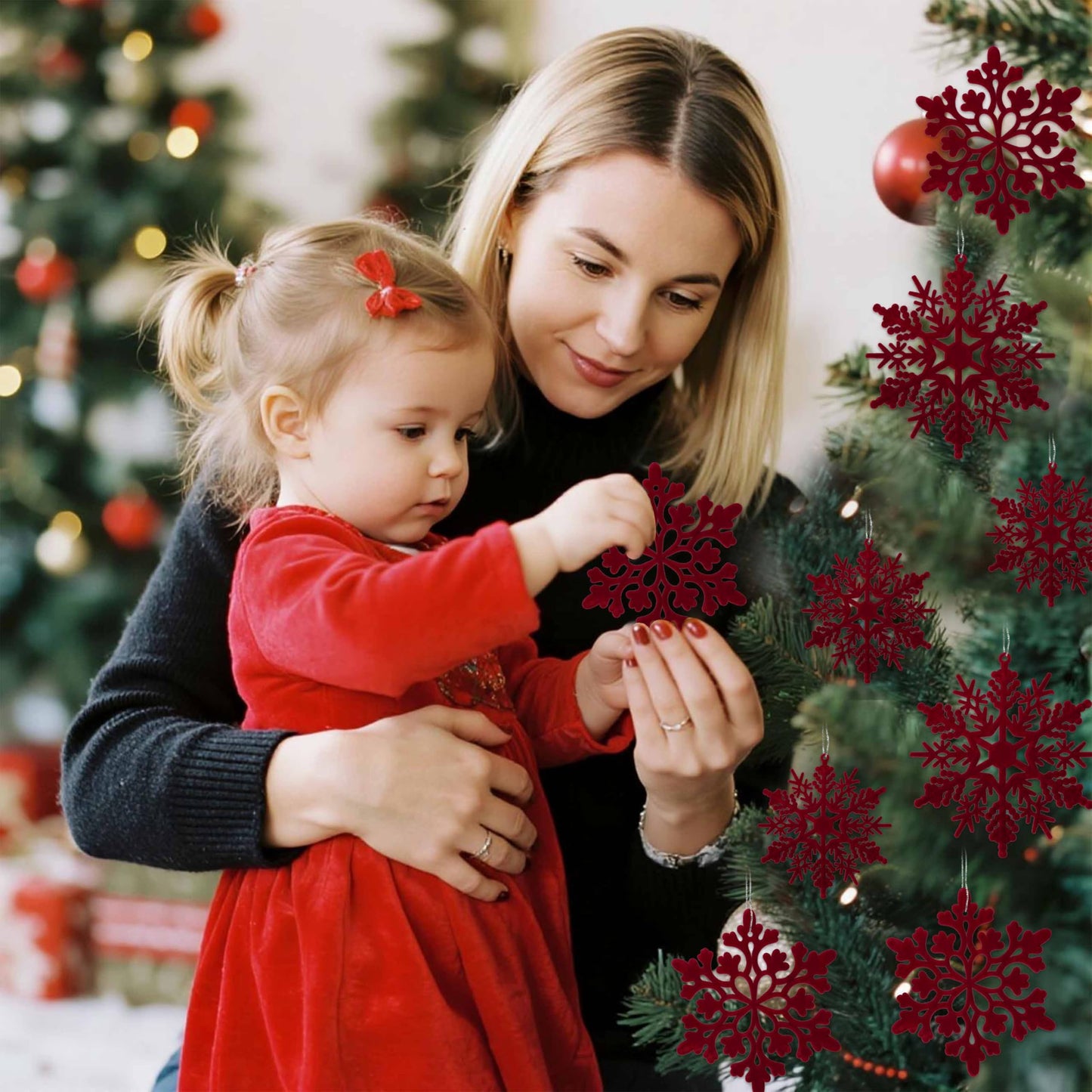 36pcs Wine Red Flocked Christmas Snowflake Ornaments, Hanging Velvet Snow Flakes for Christmas Tree Decorations Winter Wonderland Frozen Birthday Party Holiday Home Decor Craft Snowflakes