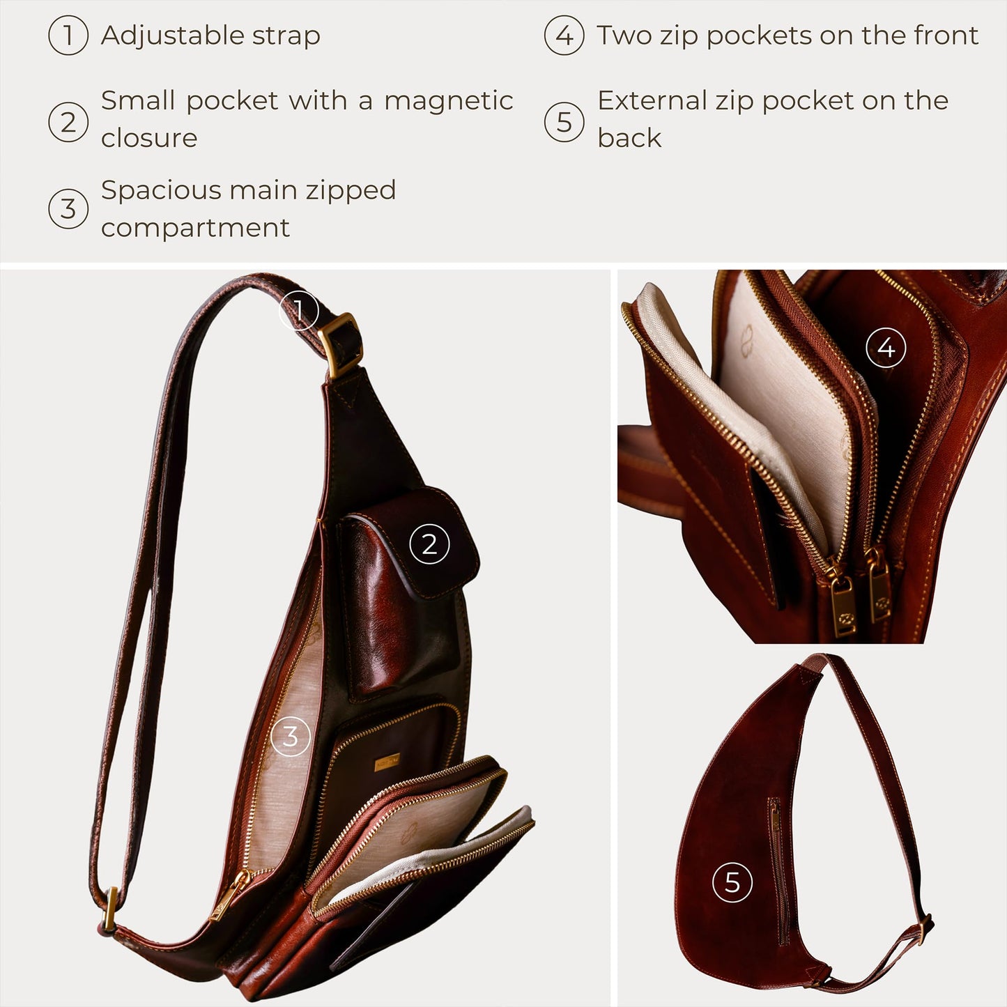 Time Resistance Leather Sling Bag - Crossbody, Messenger Bag for Men and Women - Handmade Shoulder Backpack (Brown)