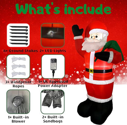 Inflatable Christmas Yard Decorations 8FT Santa Claus with Gift Bag Blow Up Outdoor Decoration with Built-in LED Light for Indoor Outdoor Party Holiday Xmas Garden Lawn Décor