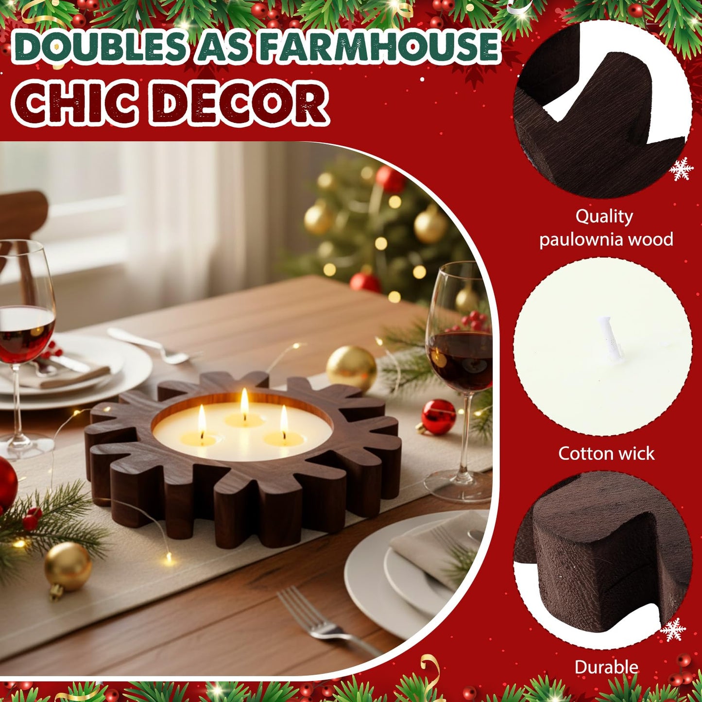 Potchen 1 Set Wooden Christmas Bowl Candle Gifts 14oz Large Rustic Wood Christmas Dough Bowl Candle with Berries Pine Label for Xmas Farmhouse Table Centerpiece Decor, 11.81 x 9.84 in(Snowflake)