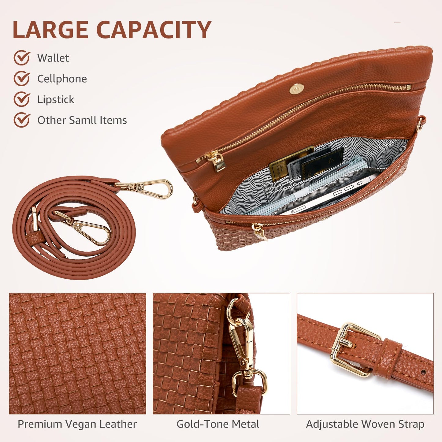 Woven Crossbody Bags for Women, Small Vegan Leather Handbags with Built-in Wallet, Slim Interlaced Shoulder Purse with Adjustable Strap