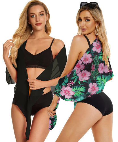 2 Pieces Sarong Cover Ups for Women Beach Bathing Suit Wrap Sheer Short Skirt Bikini Chiffon Scarf for Swimwear (Black & Green Pink Floral)