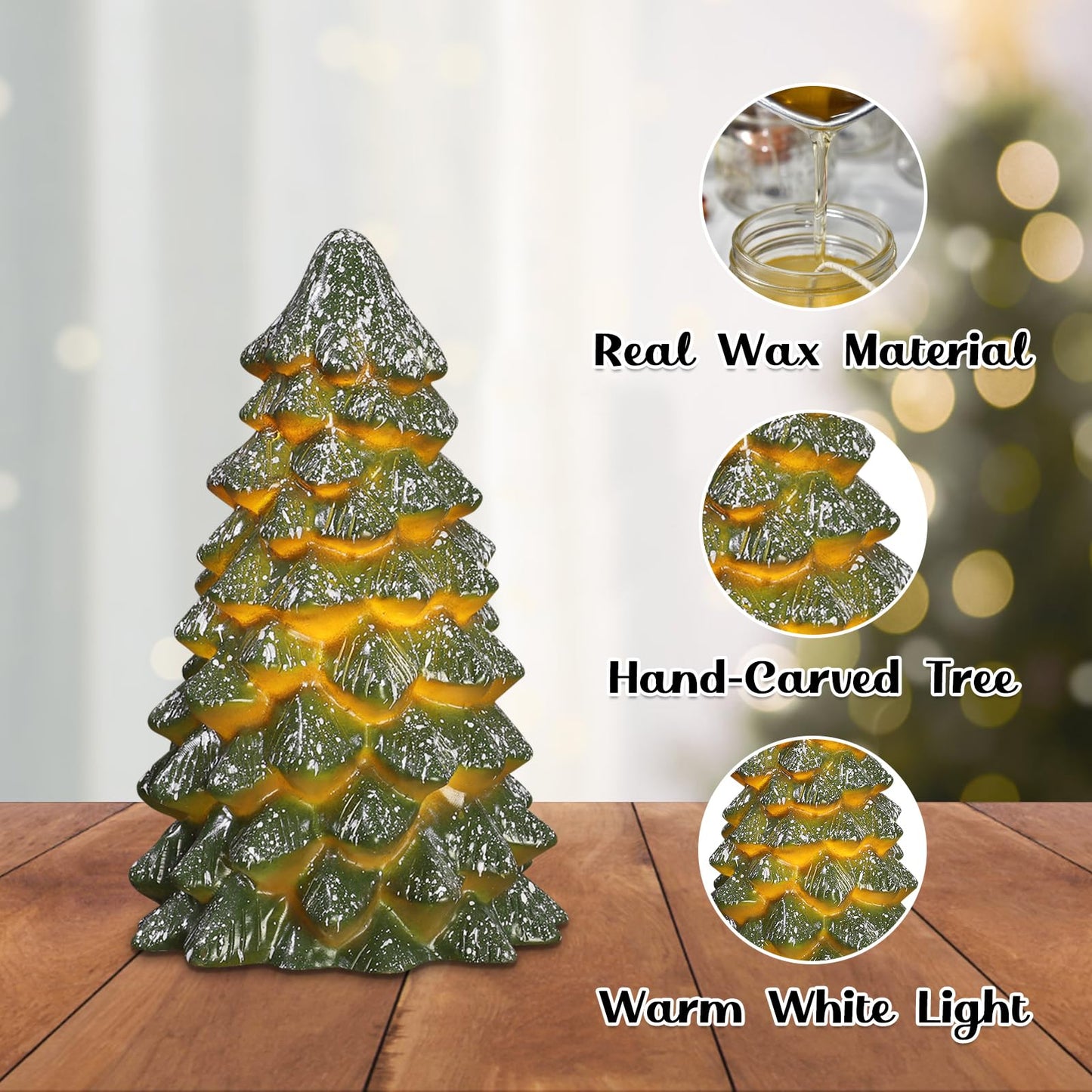 Green Christmas Tree Figurines Hand-Painted Tabletop Tree Flameless Candles Real Wax Flickering LED Battery Operated with Remote Lighted Christmas Tree Decoration for Shelf Fireplace Mantel Holiday